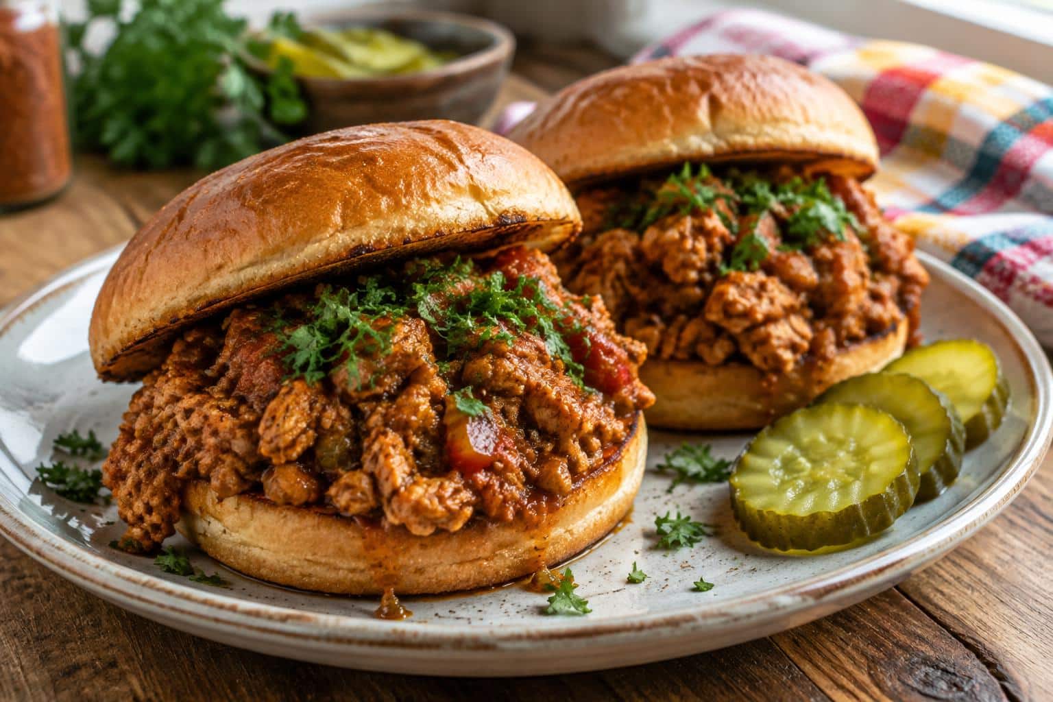 Cajun chicken sloppy joes served on toasted buns with garnishes and pickles
