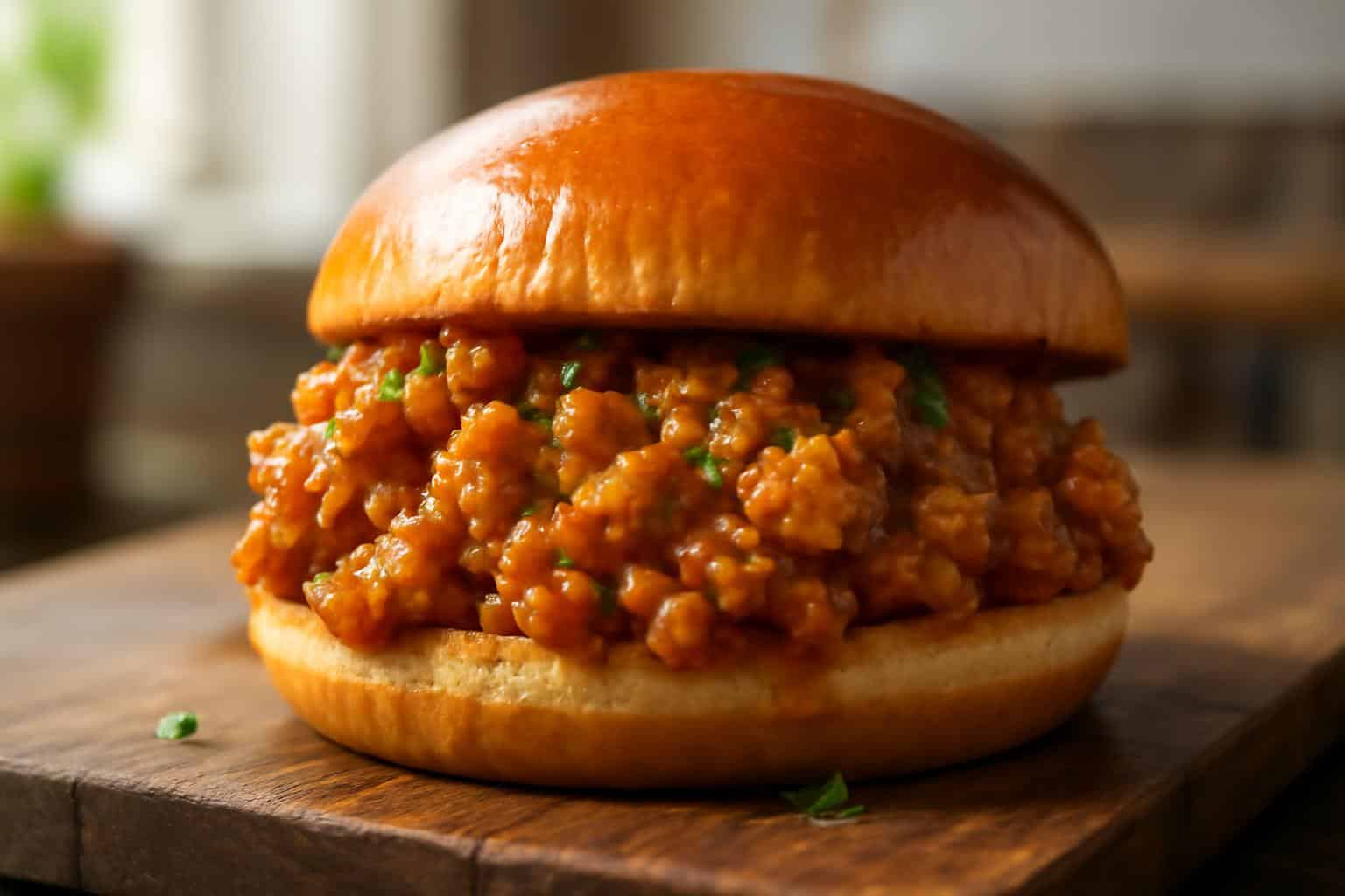 Cajun chicken sloppy joes sandwich on toasted bun garnished with parsley