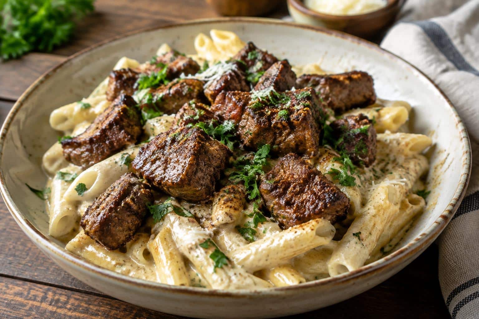 Plate of Cajun steak tips with penne in creamy Parmesan sauce garnished with parsley