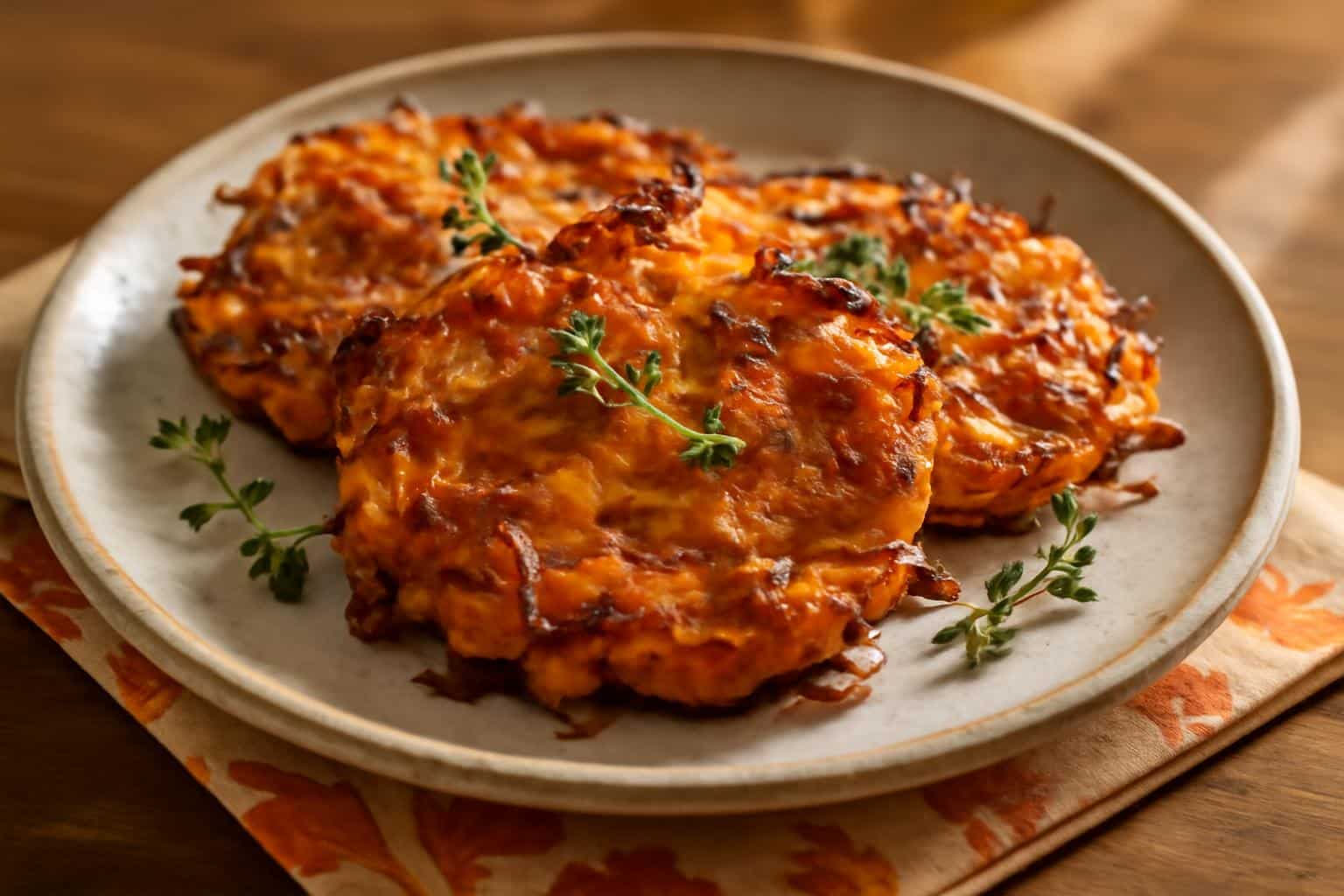 Golden caramelized sweet potato hash browns with apples garnished with thyme