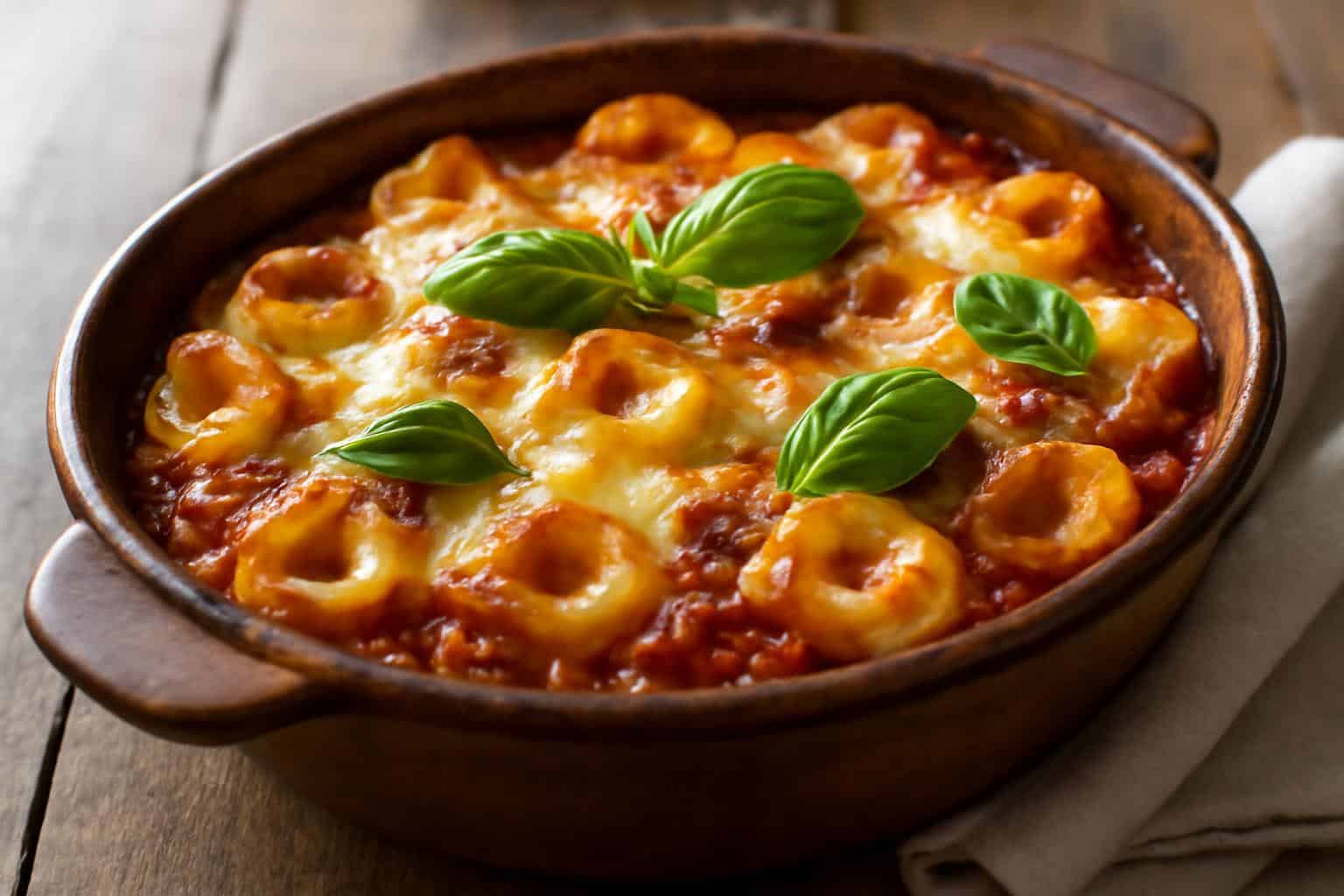 Cheesy baked tortellini with meat sauce bubbling in casserole dish garnished with basil
