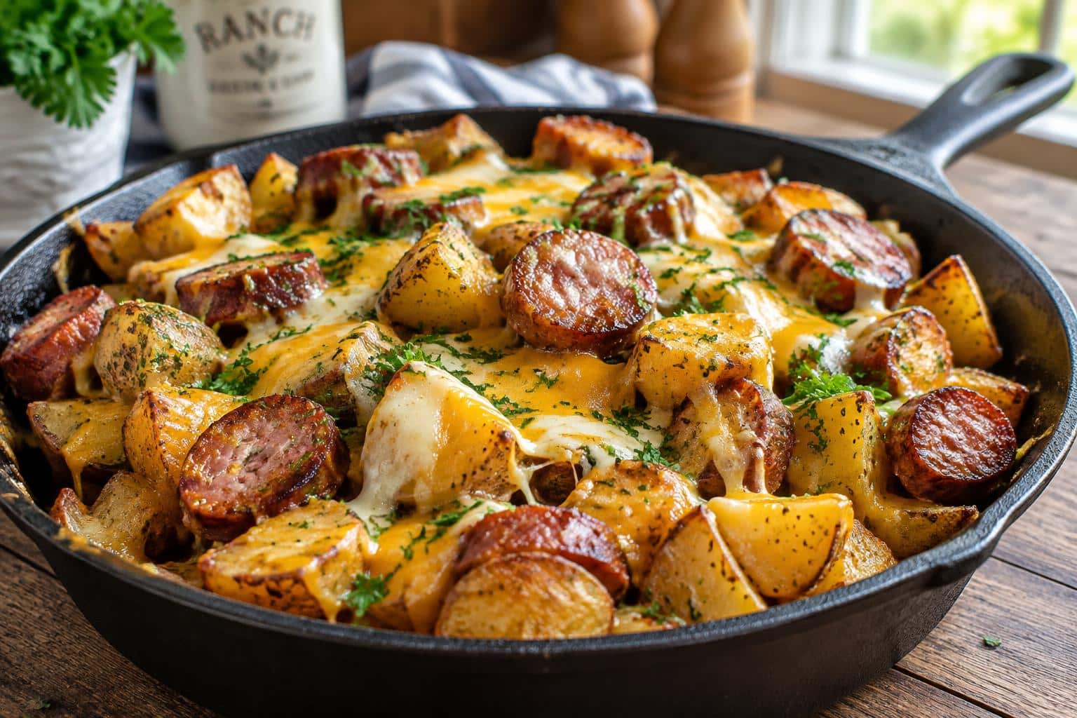 Cheesy ranch potatoes with smoked sausage in a cast iron skillet, garnished with parsley