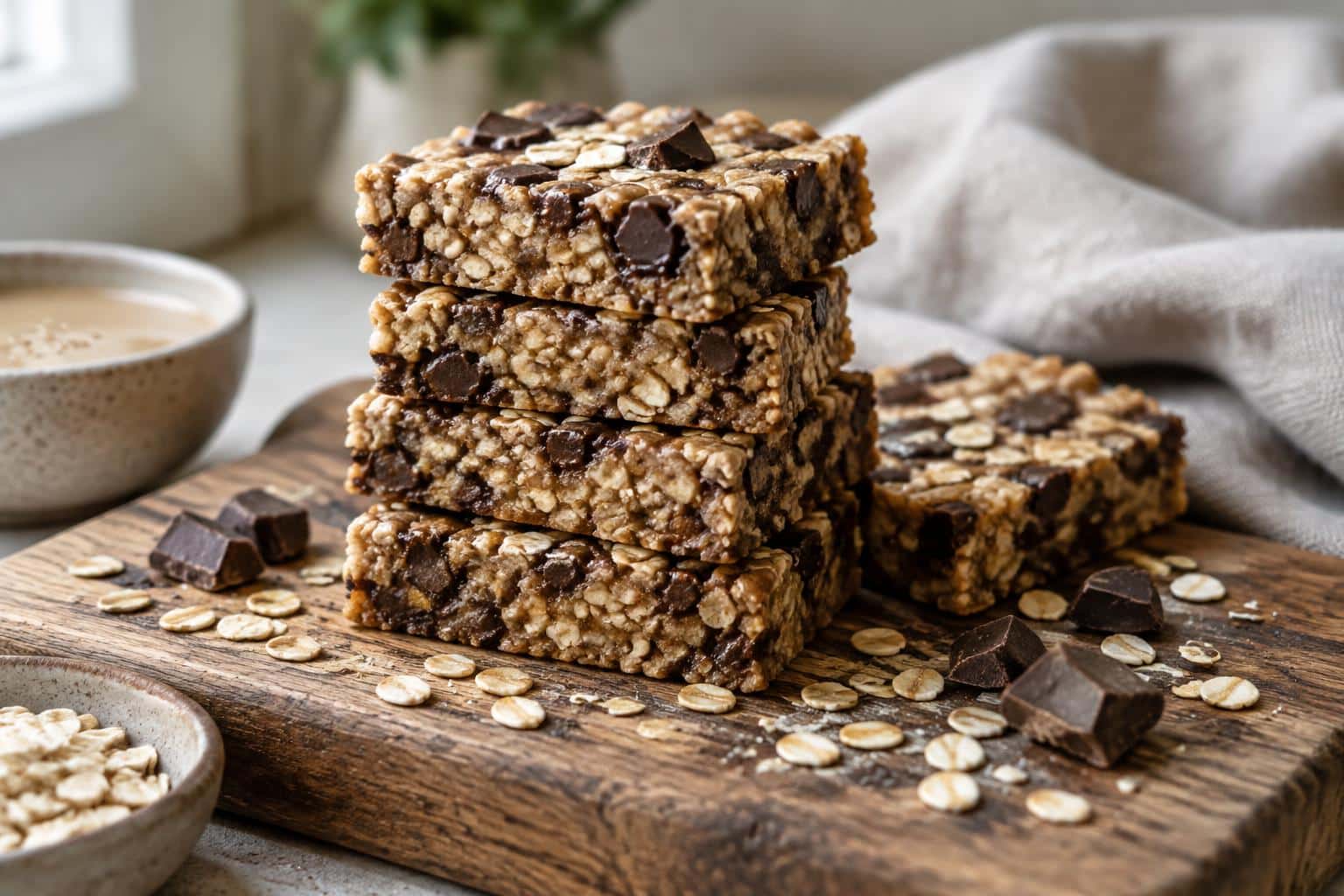 Chewy chocolate chunk tahini oat bars stacked on a wooden board, showcasing texture and chocolate chunks