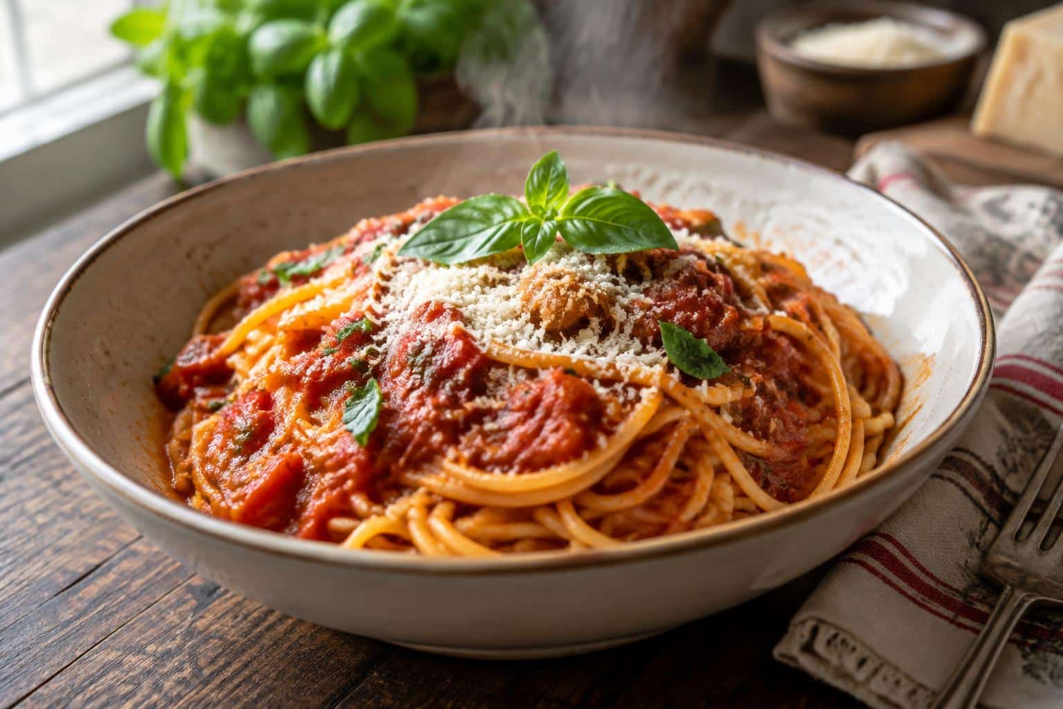 A bowl of easy Chicago-style spaghetti with rich tomato sauce and fresh basil garnish