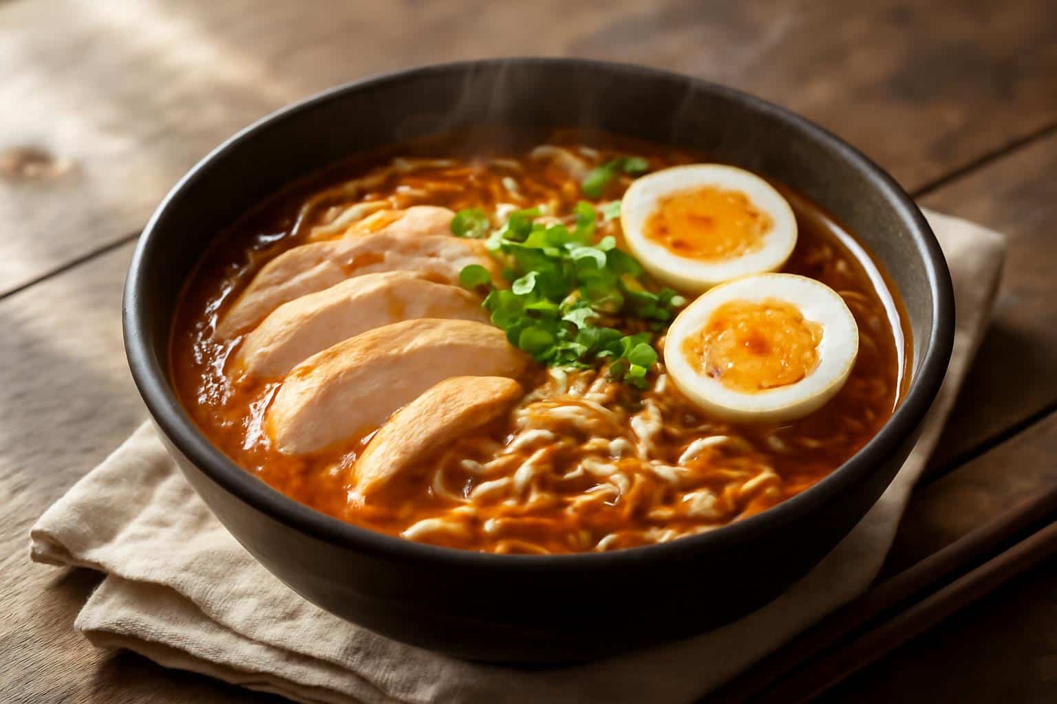 Bowl of chicken ramen with garlic sauce garnished with green onions and egg halves