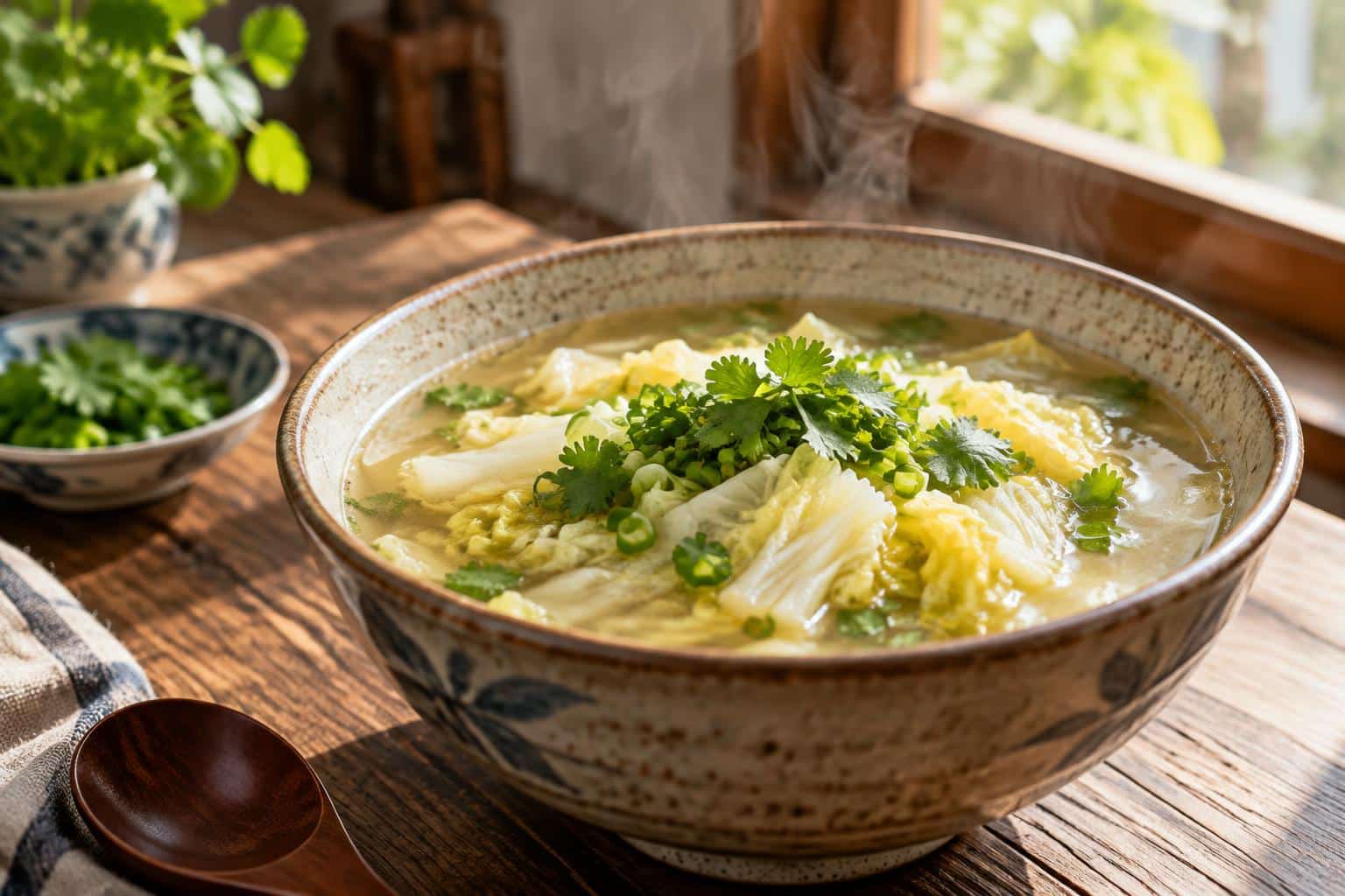 Bowl of Chinese cabbage soup garnished with green onions and cilantro, ready to serve