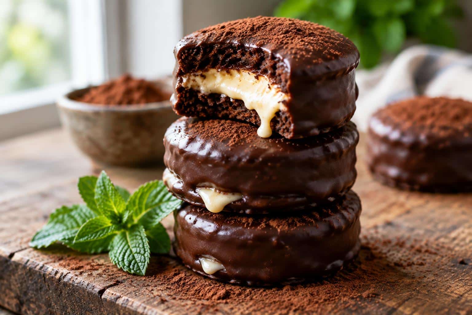 chocolate-coated mini cakes with creamy filling on rustic wooden surface