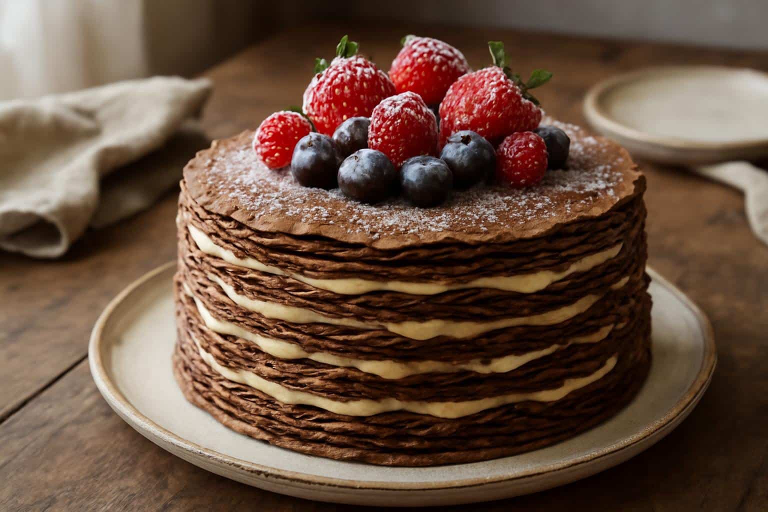 Chocolate oatmeal crepe cake with creamy custard filling and fresh berry garnish