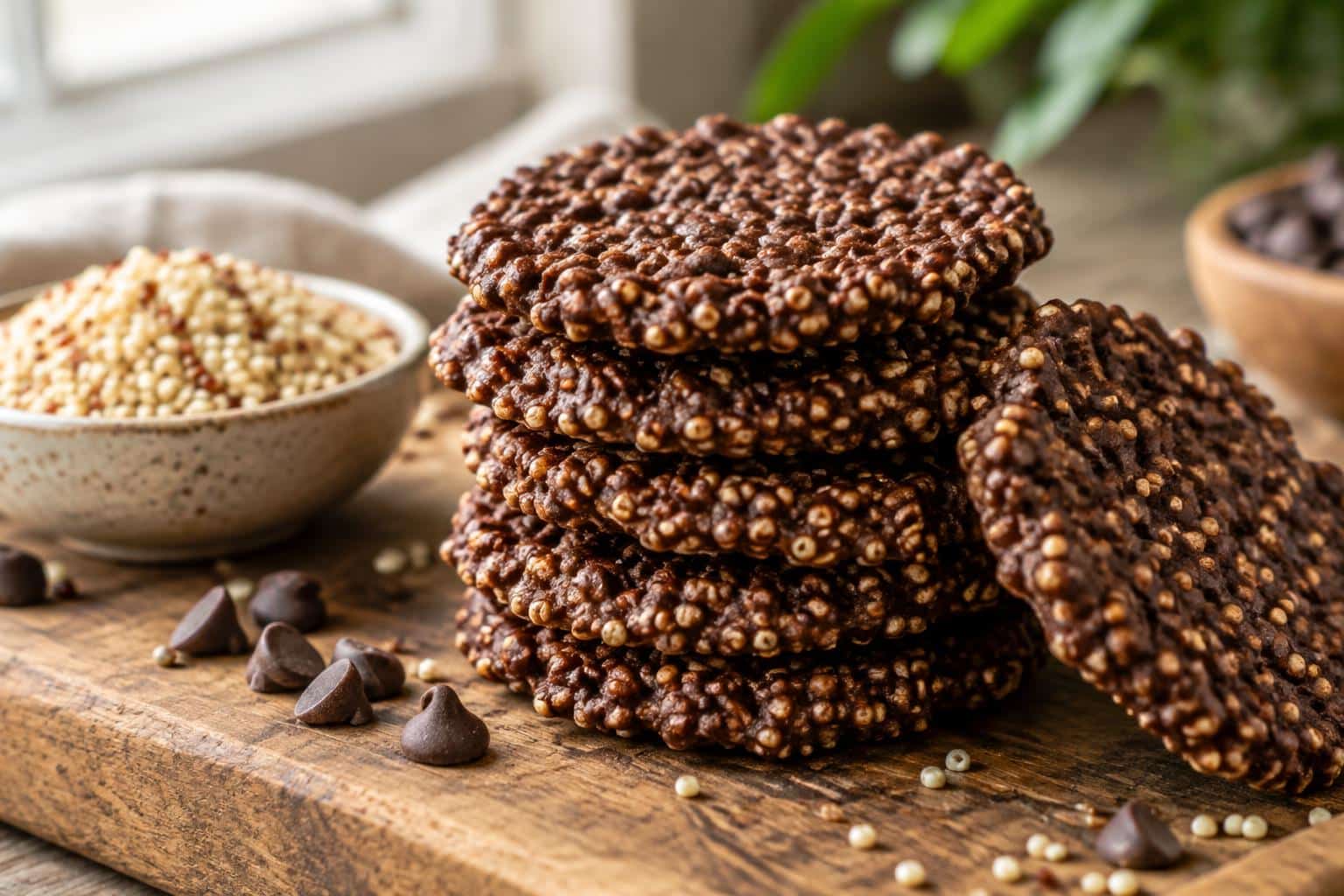 Stack of chocolate quinoa crisps with crunchy texture and rich chocolate color on wooden board