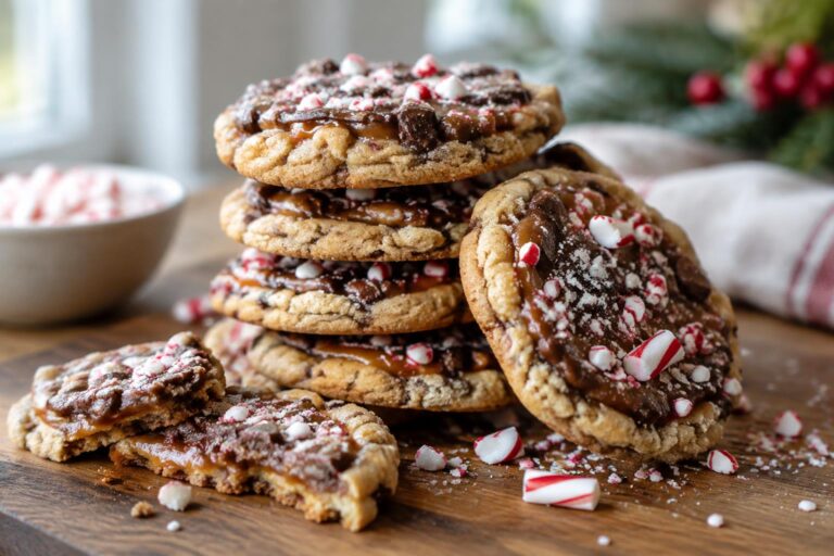 Stack of crispy Christmas crack cookies with crushed candy cane garnish in natural light