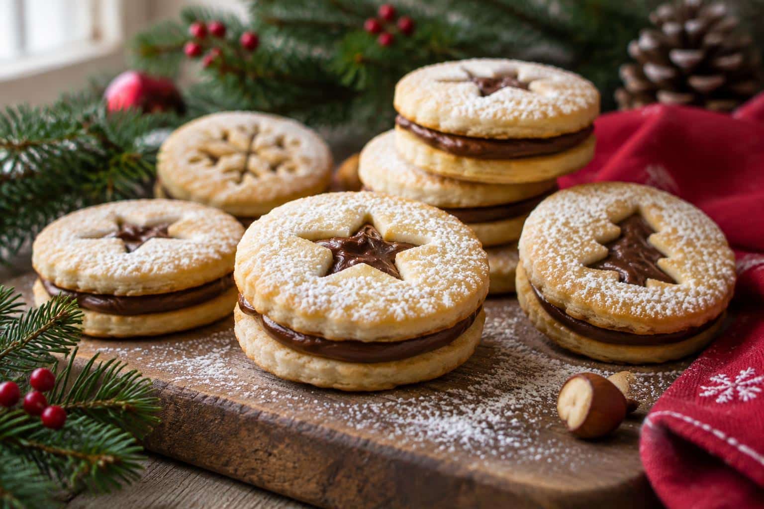 Christmas shortbread cookies with creamy Nutella filling on rustic wooden board