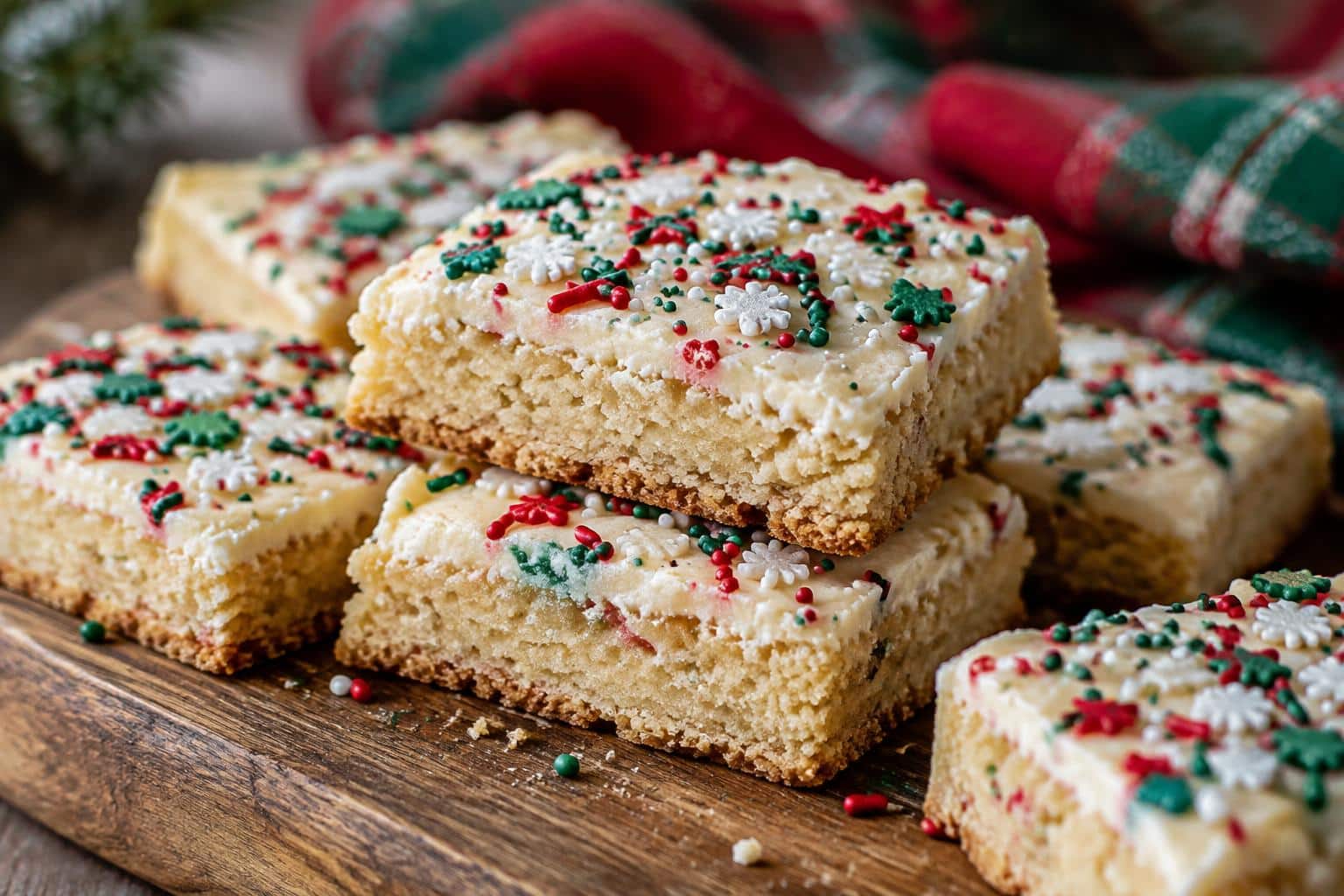 freshly baked christmas sugar cookie bars with colorful holiday sprinkles on top
