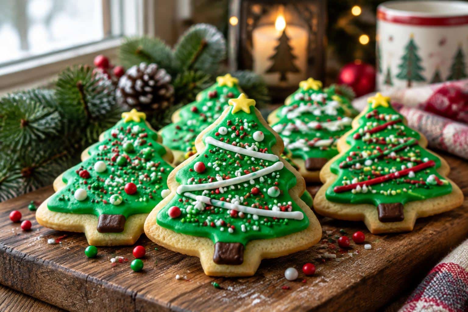 Christmas tree sugar cookies decorated with colorful icing and sprinkles on rustic board in natural soft light