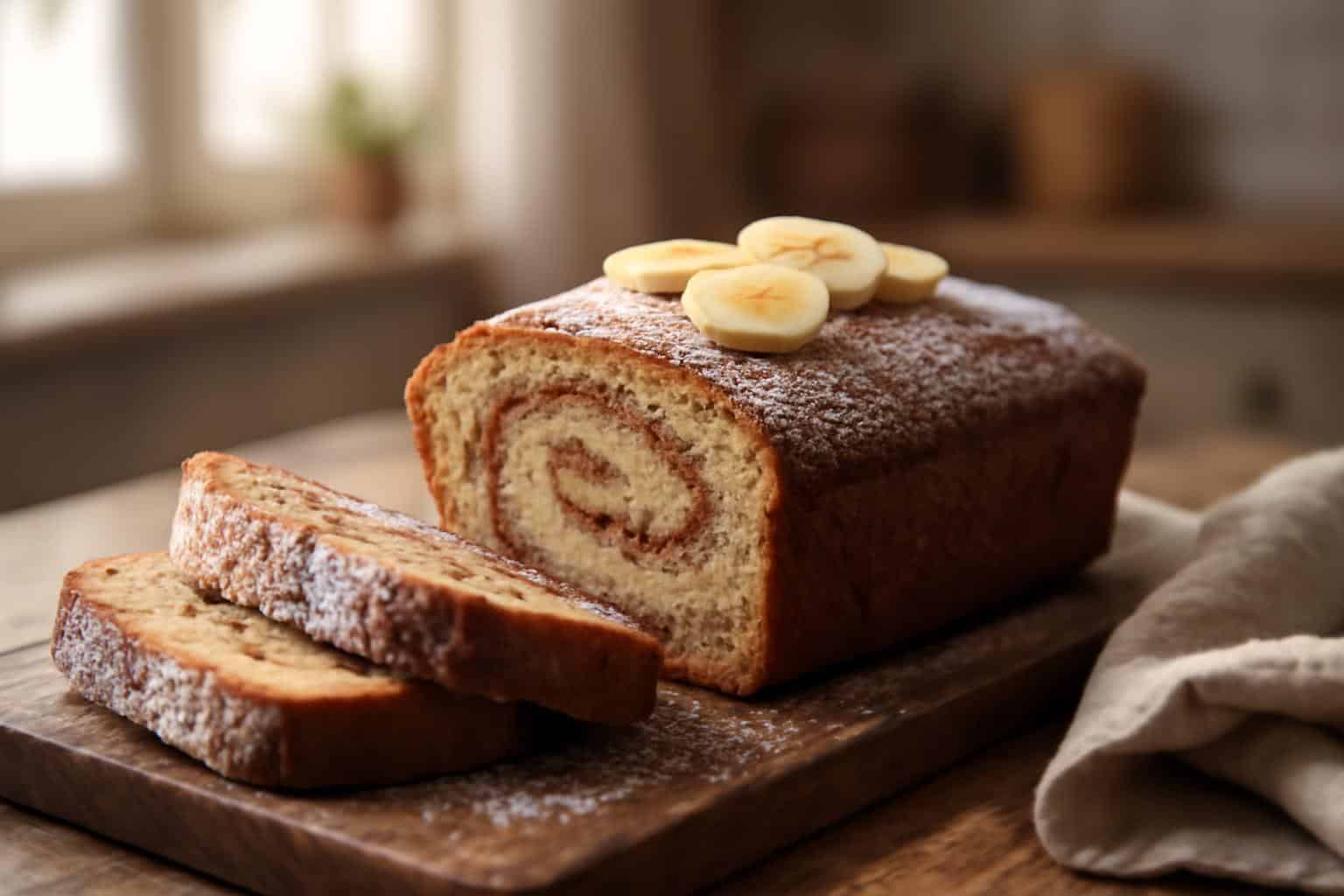 Sliced cinnamon roll banana bread showing cinnamon swirl inside with powdered sugar garnish
