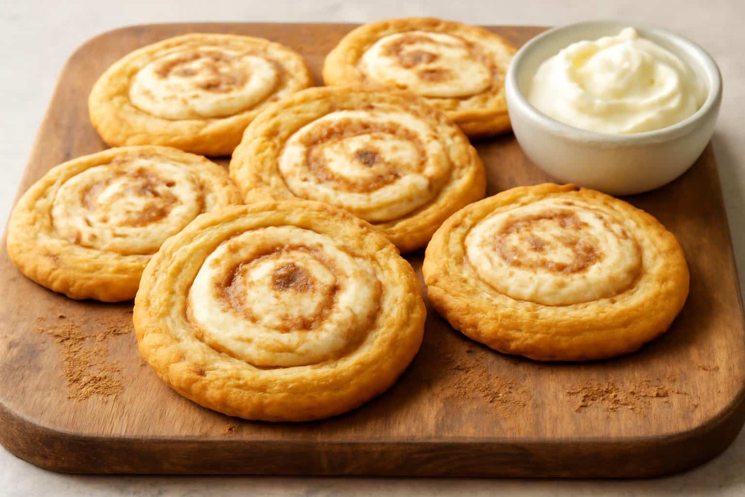 Fresh cinnamon roll cheesecake cookies with creamy centers and crispy edges on rustic board