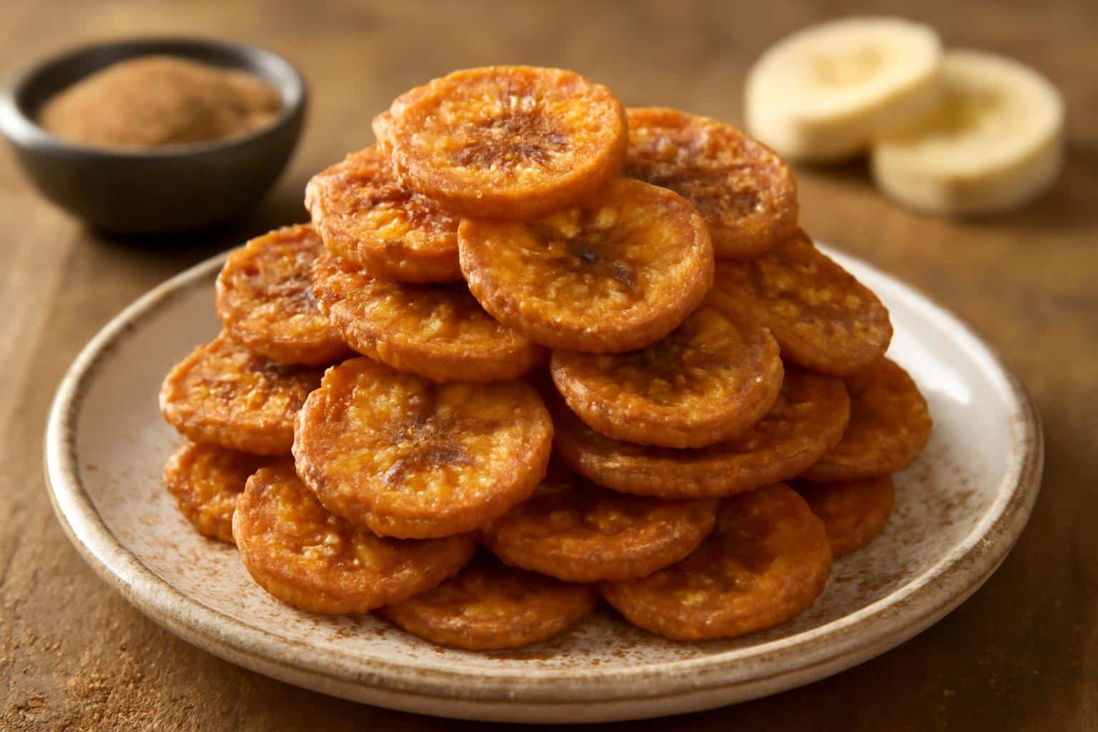 crispy air fryer banana chips coated in cinnamon sugar on a rustic plate