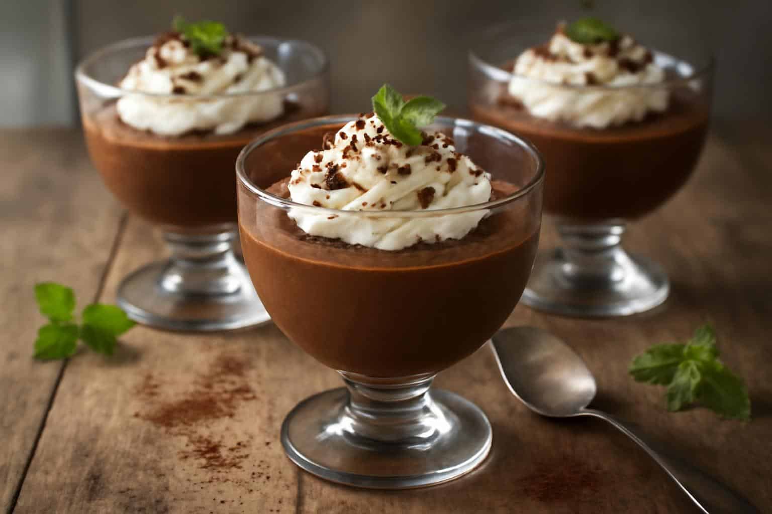 Classic chocolate mousse dessert in glass cups with whipped cream and chocolate shavings