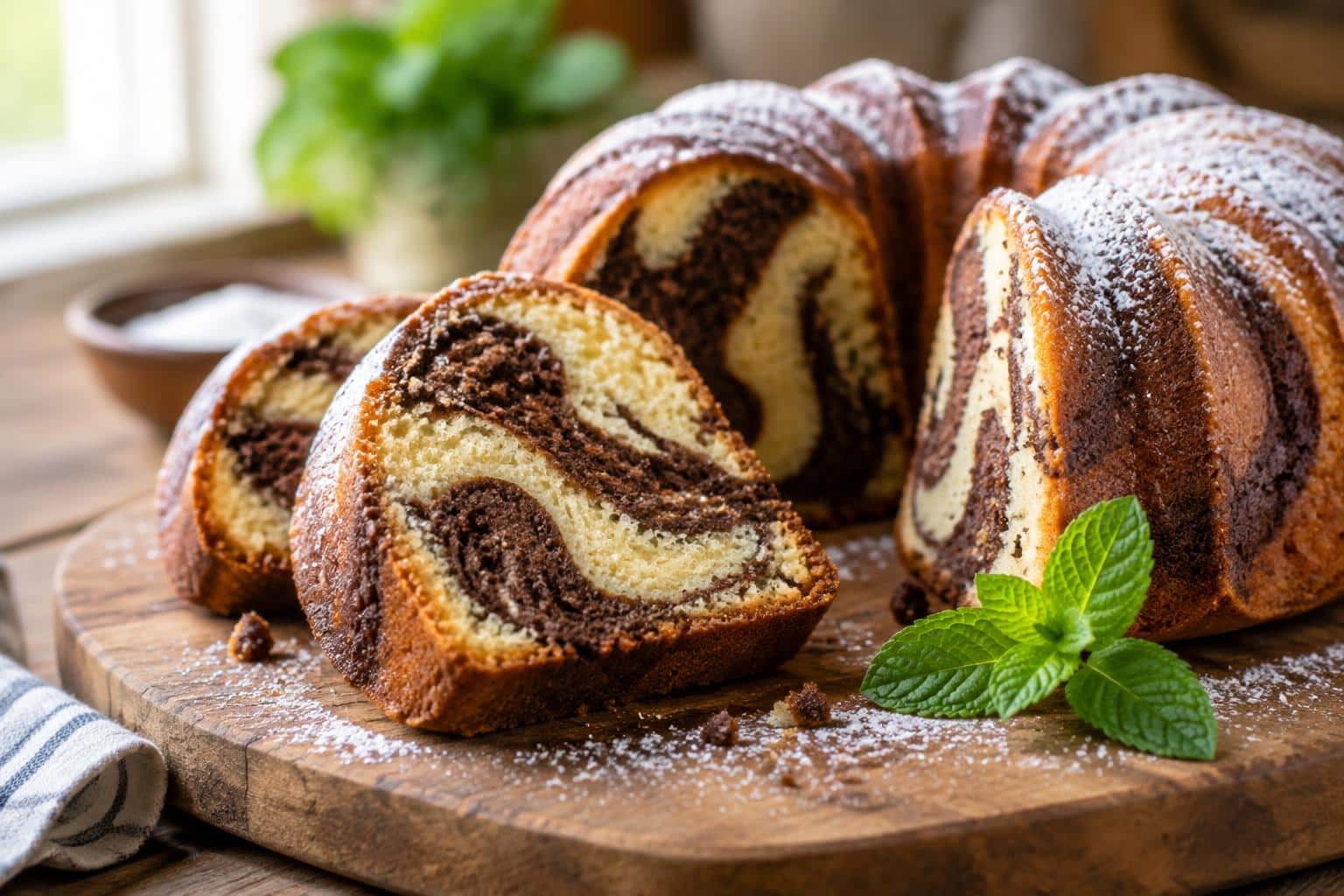 A slice of homemade marble cake showing vanilla and cocoa swirls, the best marble cake dessert