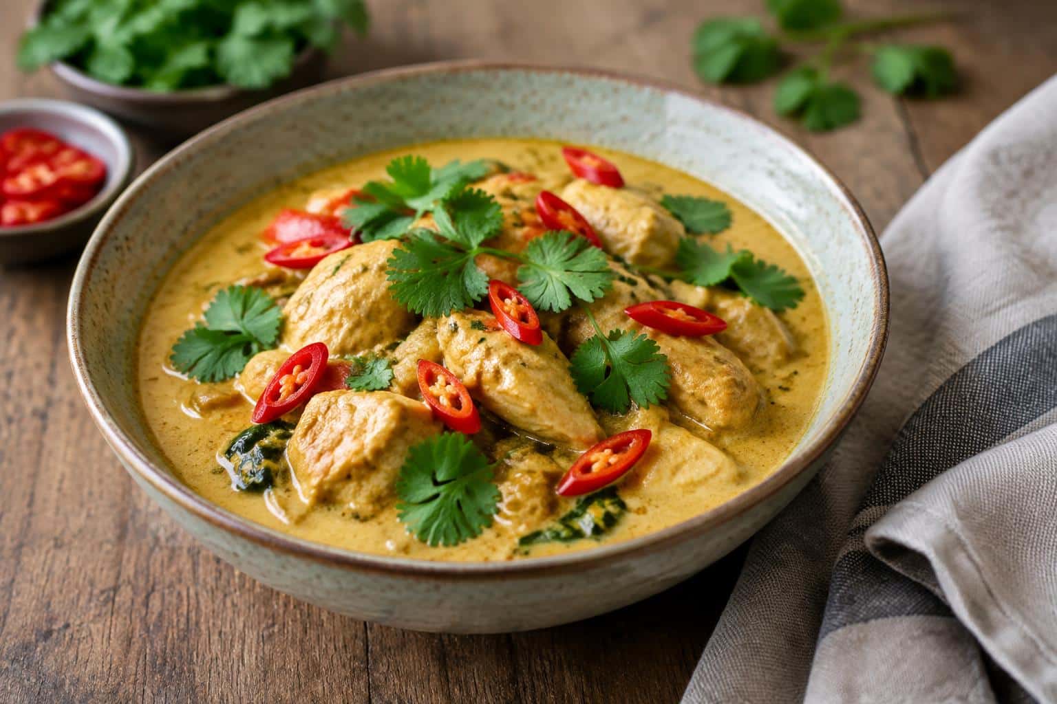 A bowl of creamy coconut chicken curry garnished with cilantro and red chilies, showcasing coconut chicken curry