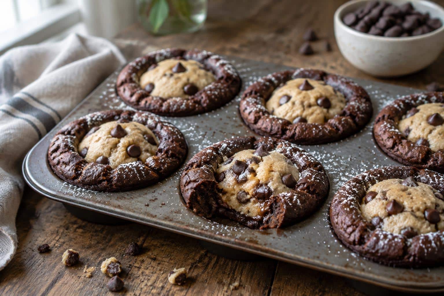 Cookie dough brownie cups with gooey chocolate and cookie dough filling