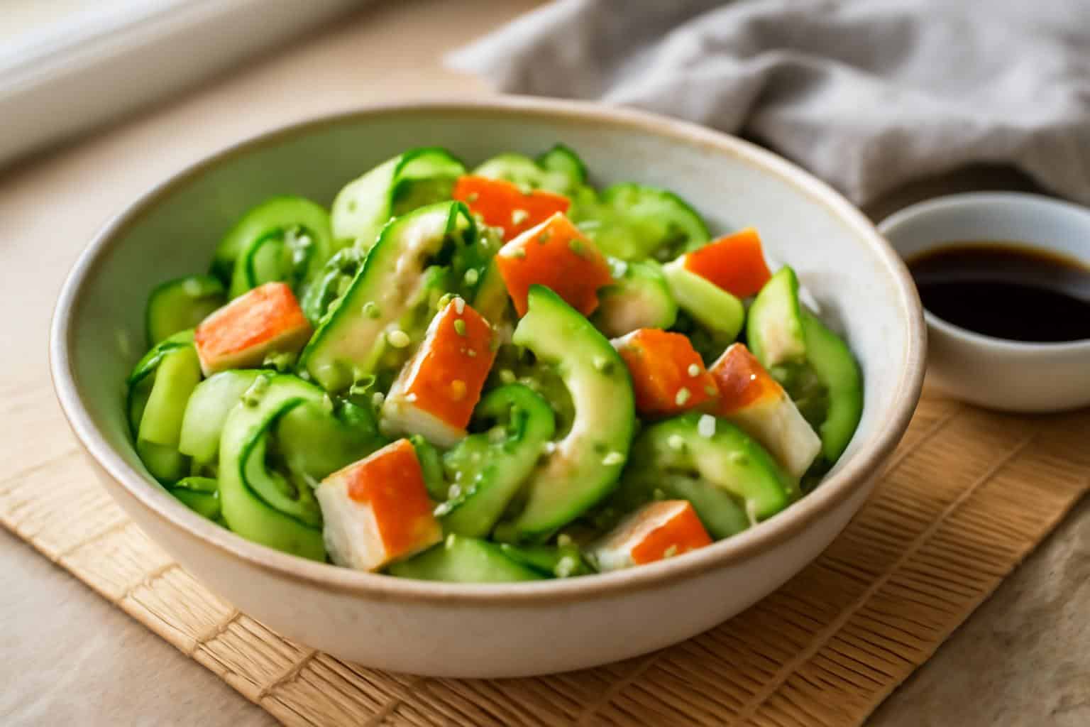 Fresh California roll cucumber salad with avocado and crab, garnished with sesame seeds and green onions