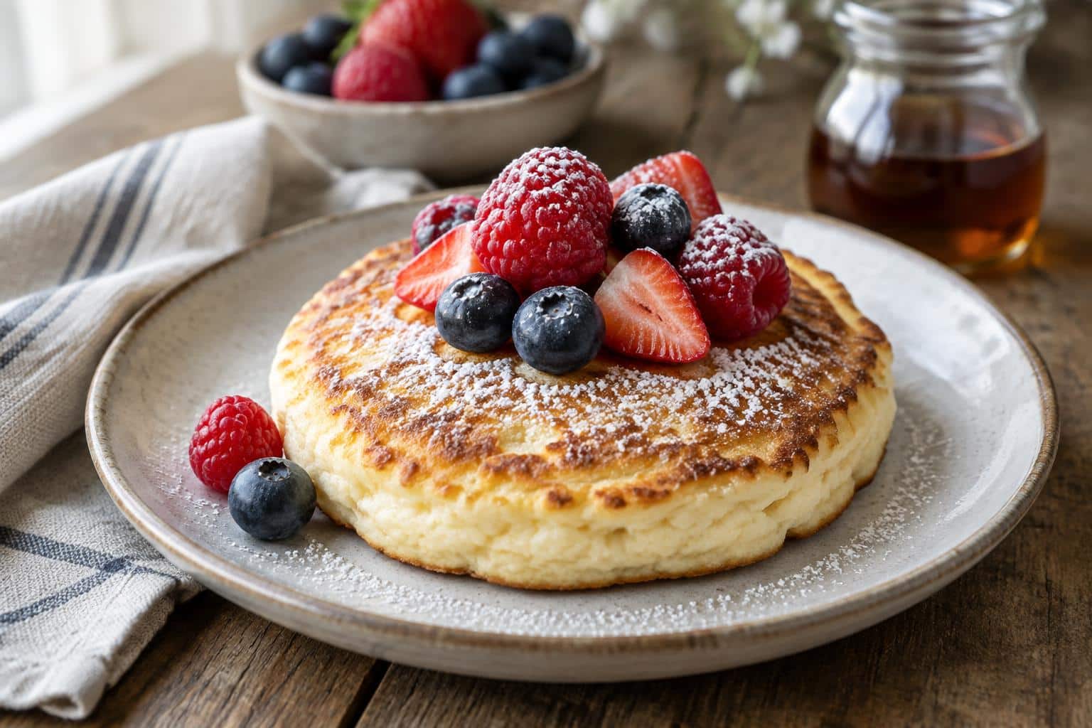 Golden cottage cheese pancake topped with fresh berries and powdered sugar on rustic table, cottage cheese pancake