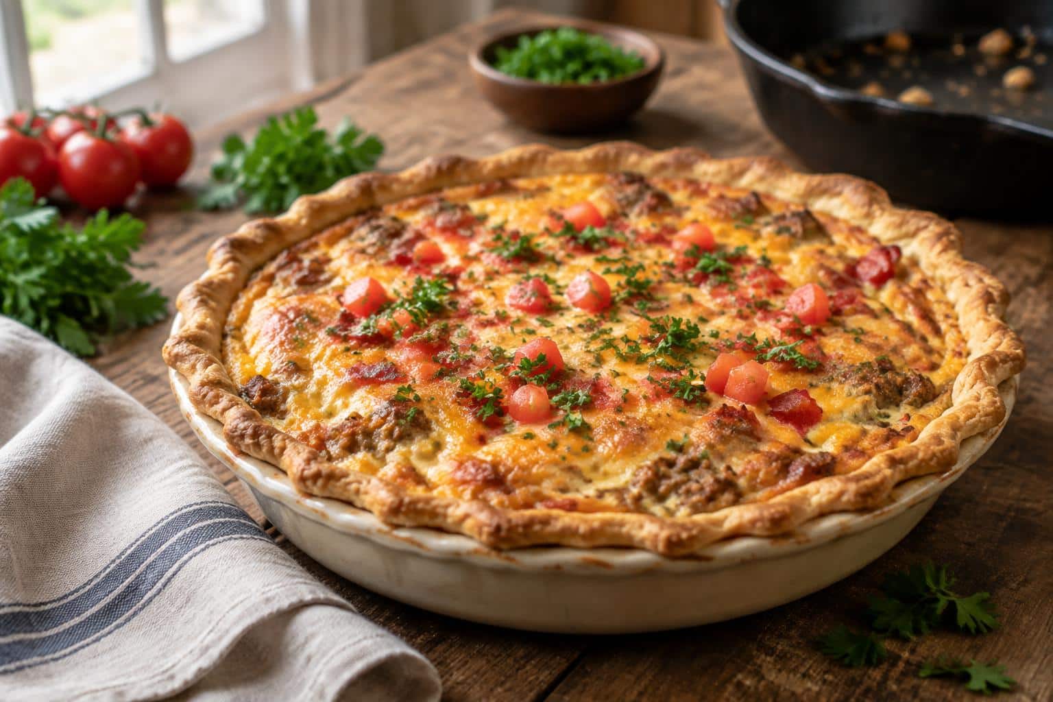 Golden baked easy cowboy quiche garnished with parsley and diced tomatoes on rustic surface