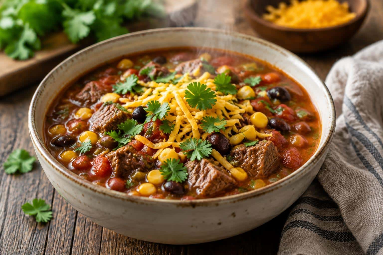 Hearty crockpot cowboy soup in a bowl garnished with cheddar cheese and cilantro