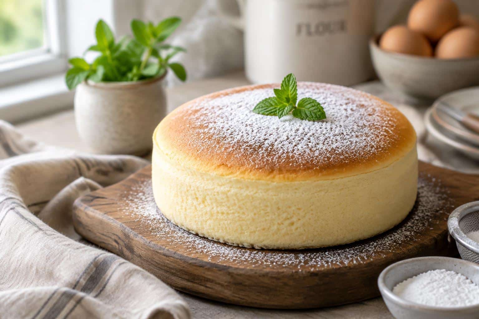 Easy creamy Japanese cheesecake with powdered sugar and mint garnish on wooden board