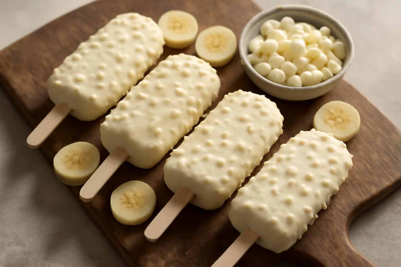 Creamy banana yogurt popsicles with crispy white chocolate coating on rustic wooden board