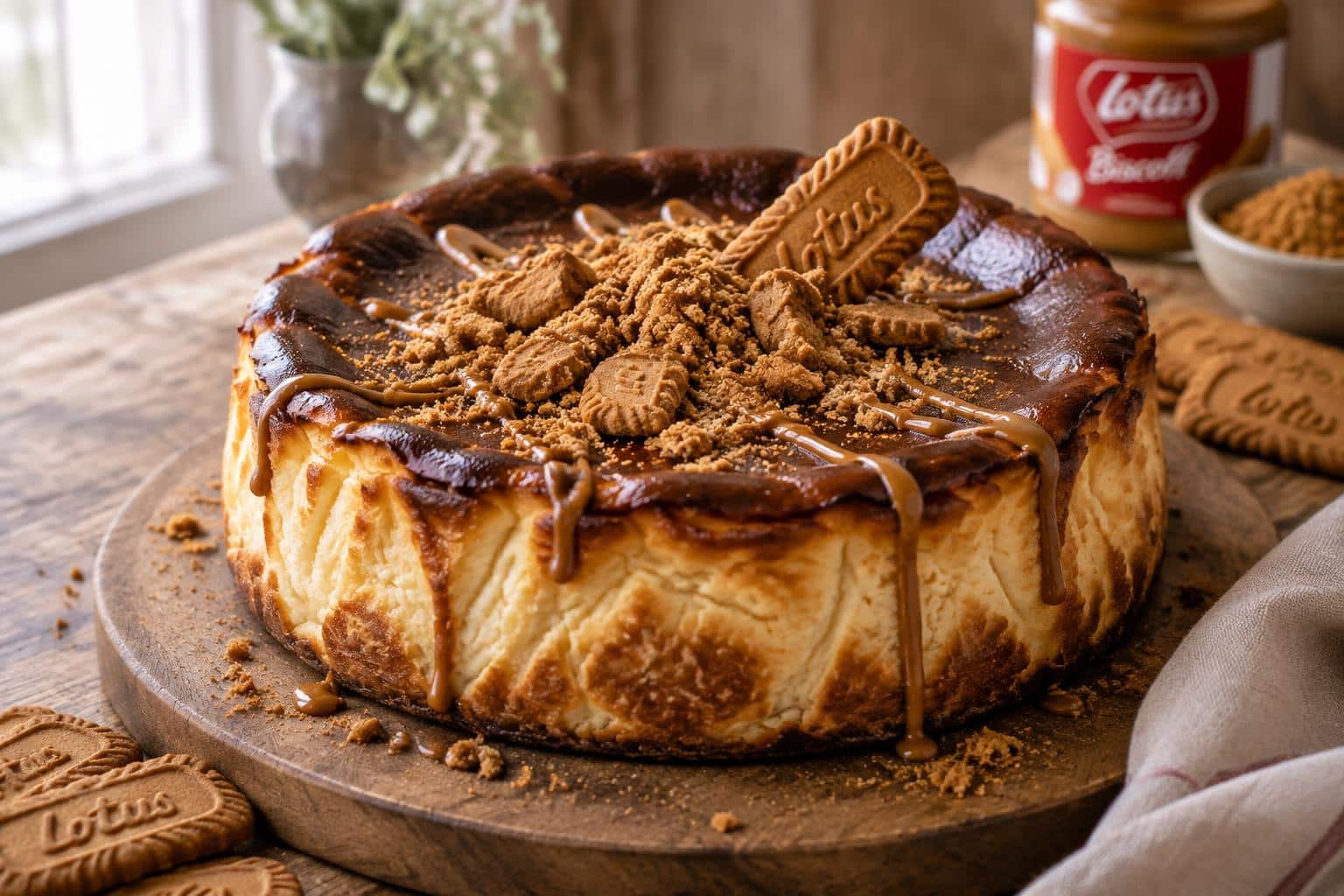Creamy Basque Biscoff cheesecake with caramel drizzle and cookie crumble garnish