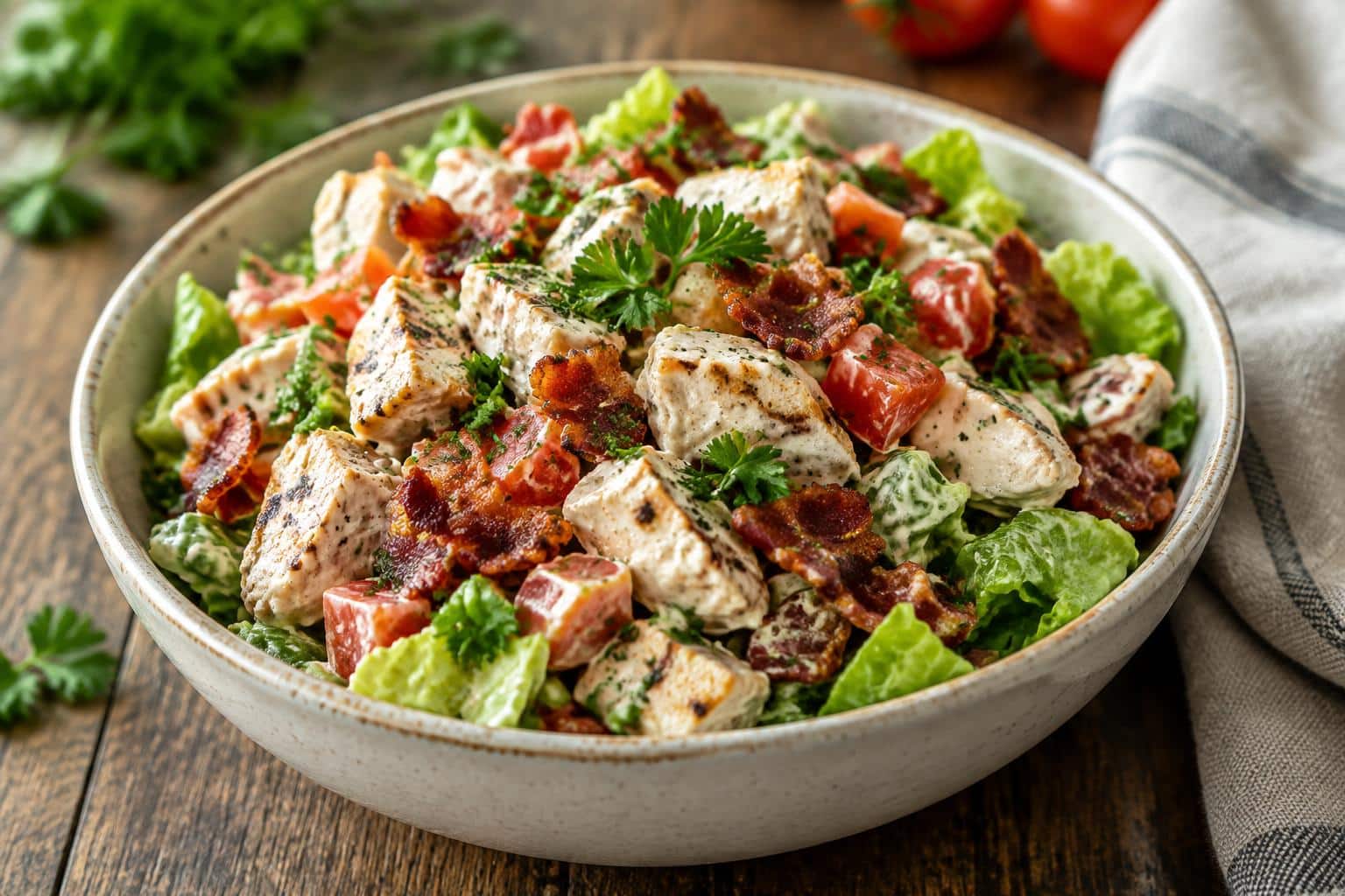 Creamy BLT chicken salad with grilled chicken, crispy bacon, and fresh tomatoes in a bowl