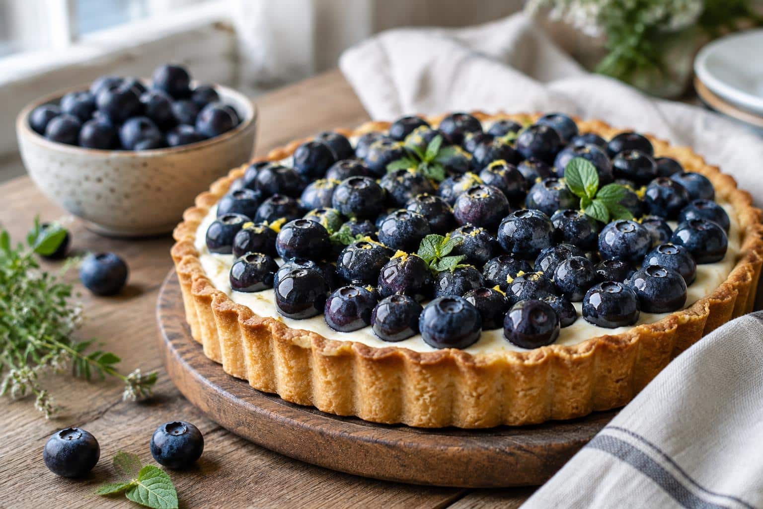 Creamy blueberry tart with fresh blueberries on golden crust, perfect blueberry tart dessert