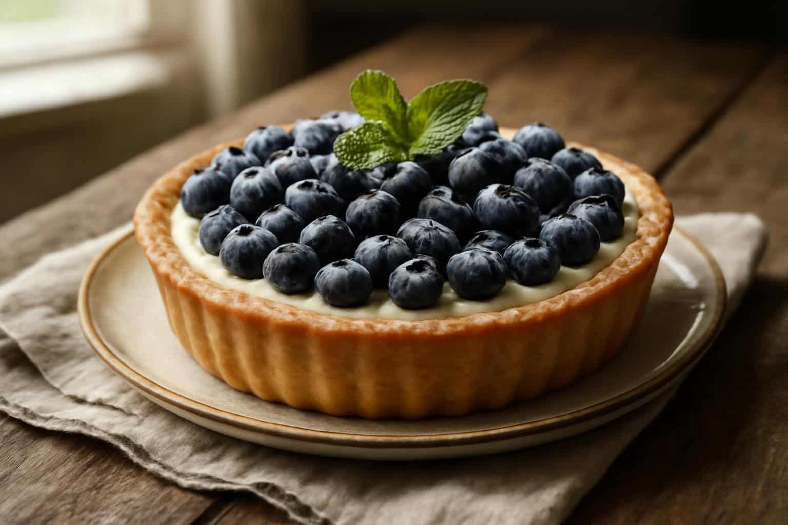 Creamy blueberry tart with fresh blueberries and powdered sugar, showcasing a perfect blueberry tart dessert