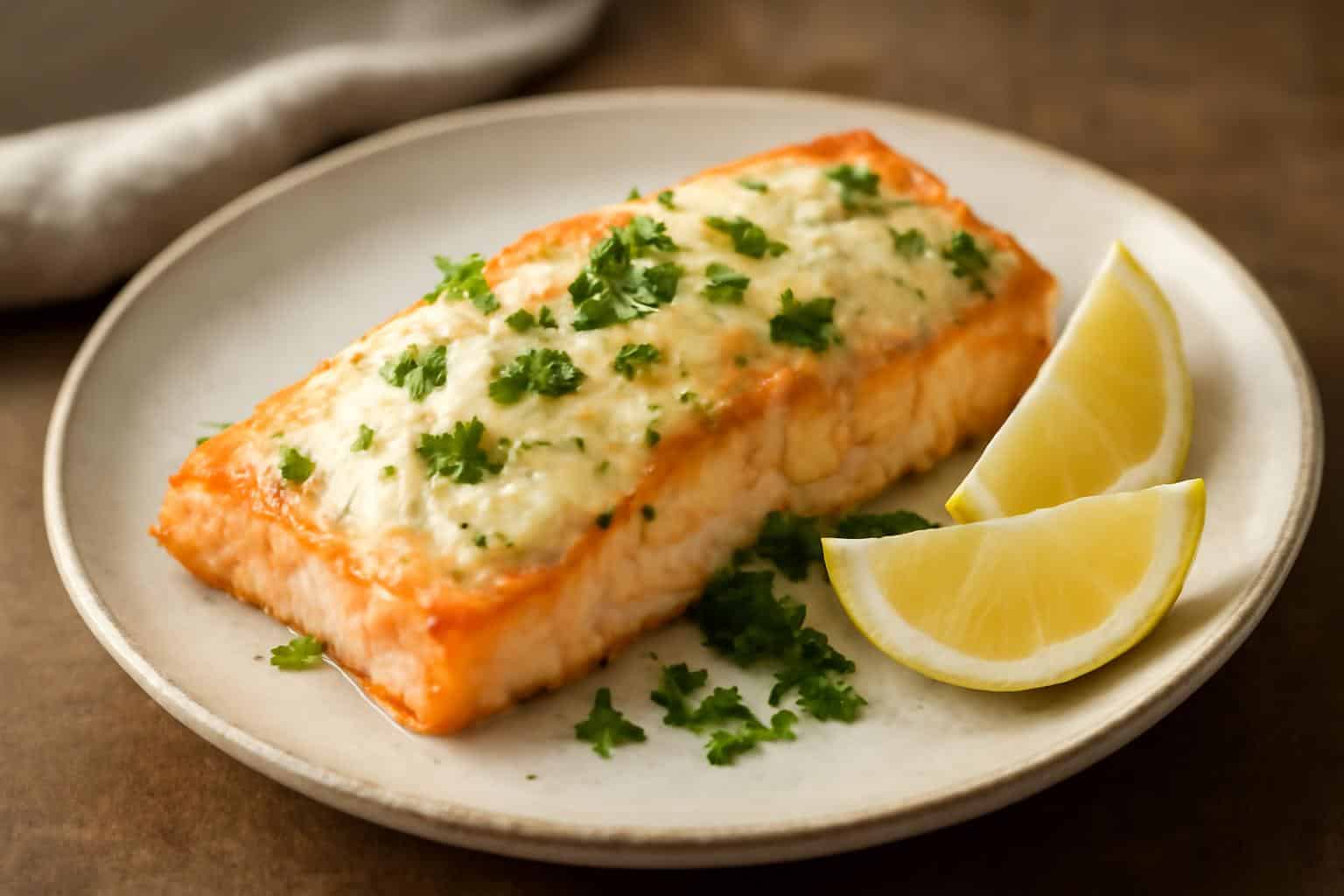 Creamy baked boursin salmon garnished with parsley and lemon wedges on a white plate