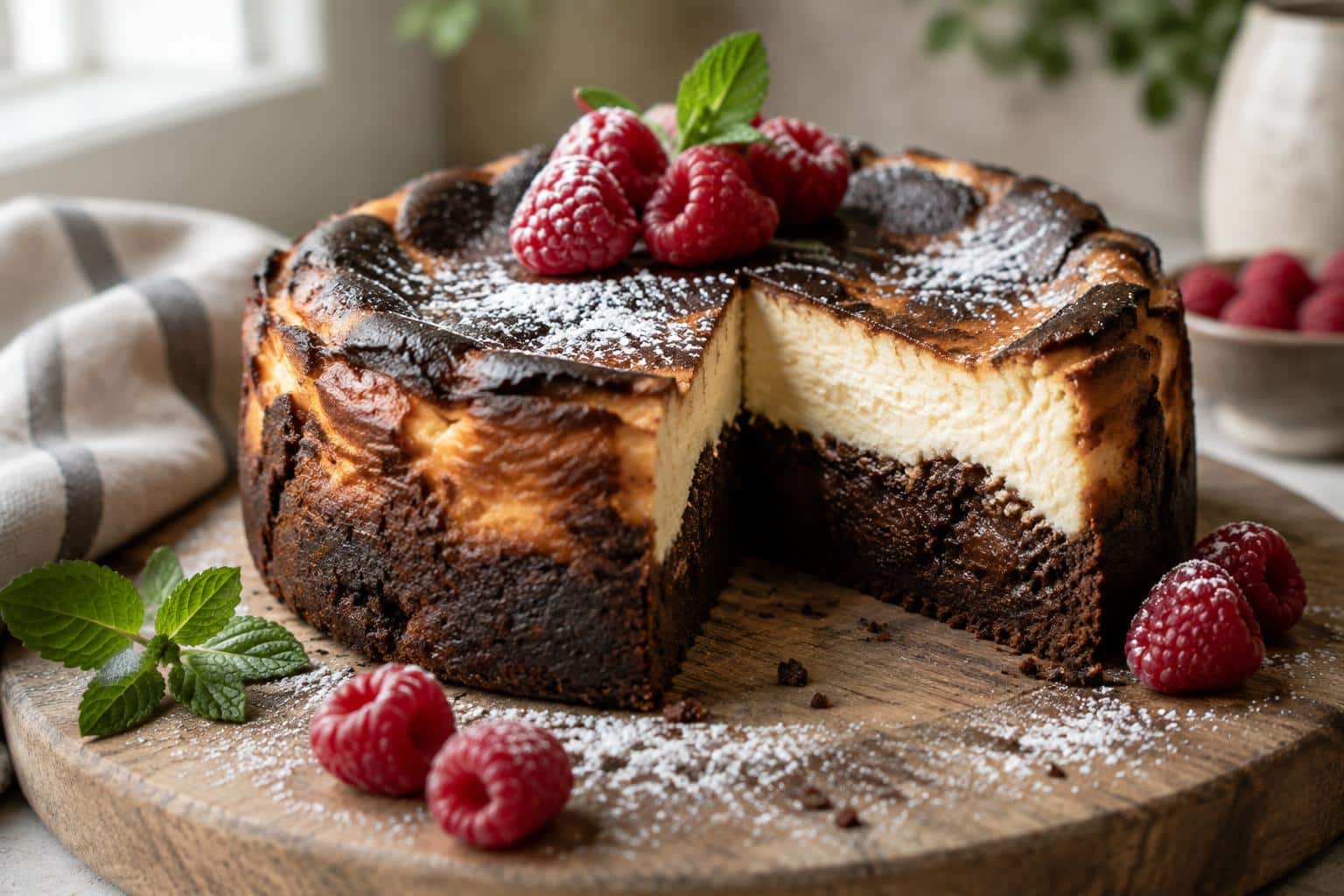Creamy brownies burnt cheesecake with powdered sugar and raspberries on rustic wooden board