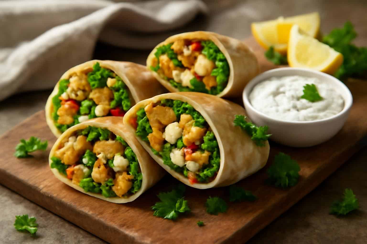Close-up of creamy chicken feta pita wraps with fresh greens and feta cheese