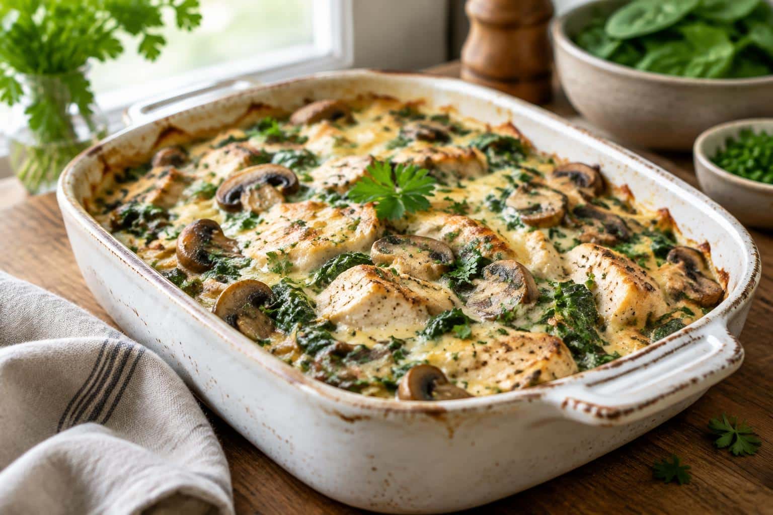 Creamy chicken spinach casserole with mushrooms, garnished and baked to golden perfection