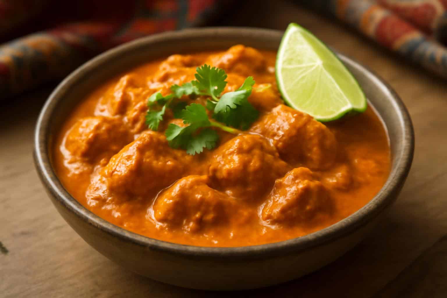 Creamy chicken tikka masala served in a bowl garnished with cilantro and lime wedge