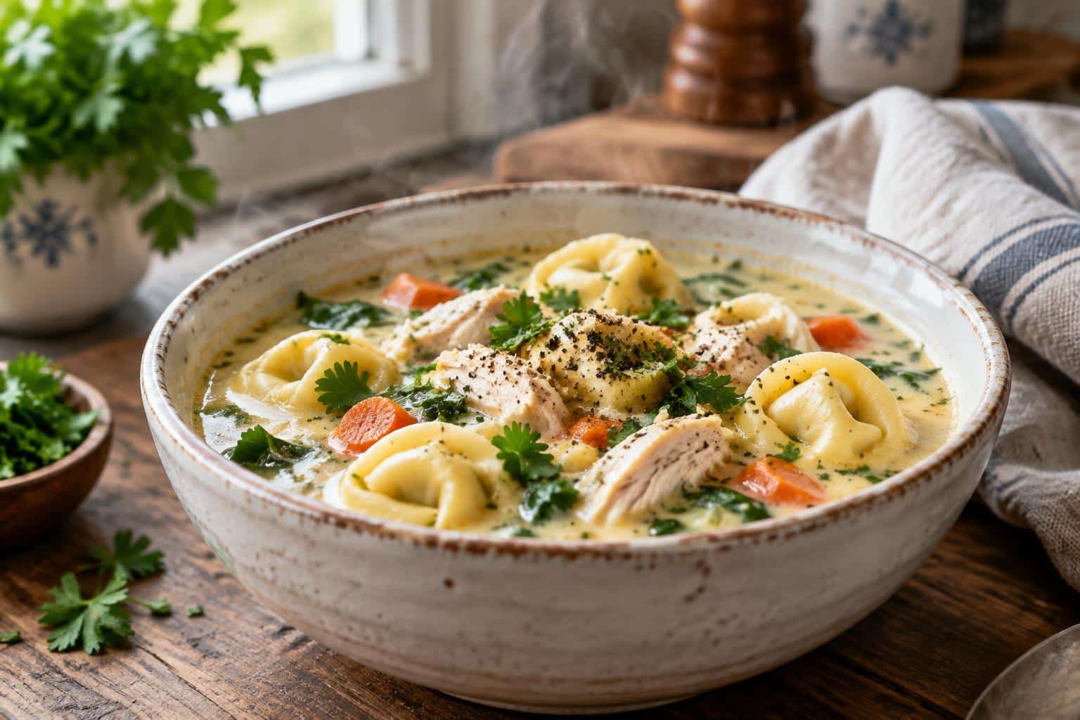 Creamy chicken tortellini soup garnished with parsley in a white bowl, showcasing the rich broth and tender cheese torte