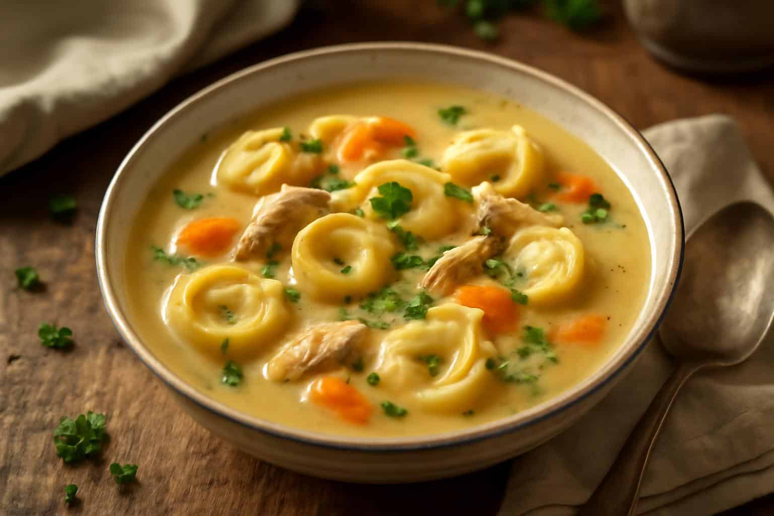 Creamy chicken tortellini soup in a bowl garnished with fresh parsley and a rich broth
