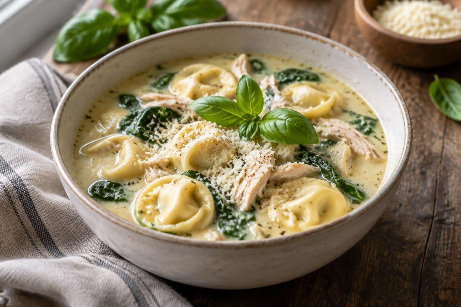 Creamy chicken tortellini soup in bowl garnished with fresh basil and Parmesan cheese