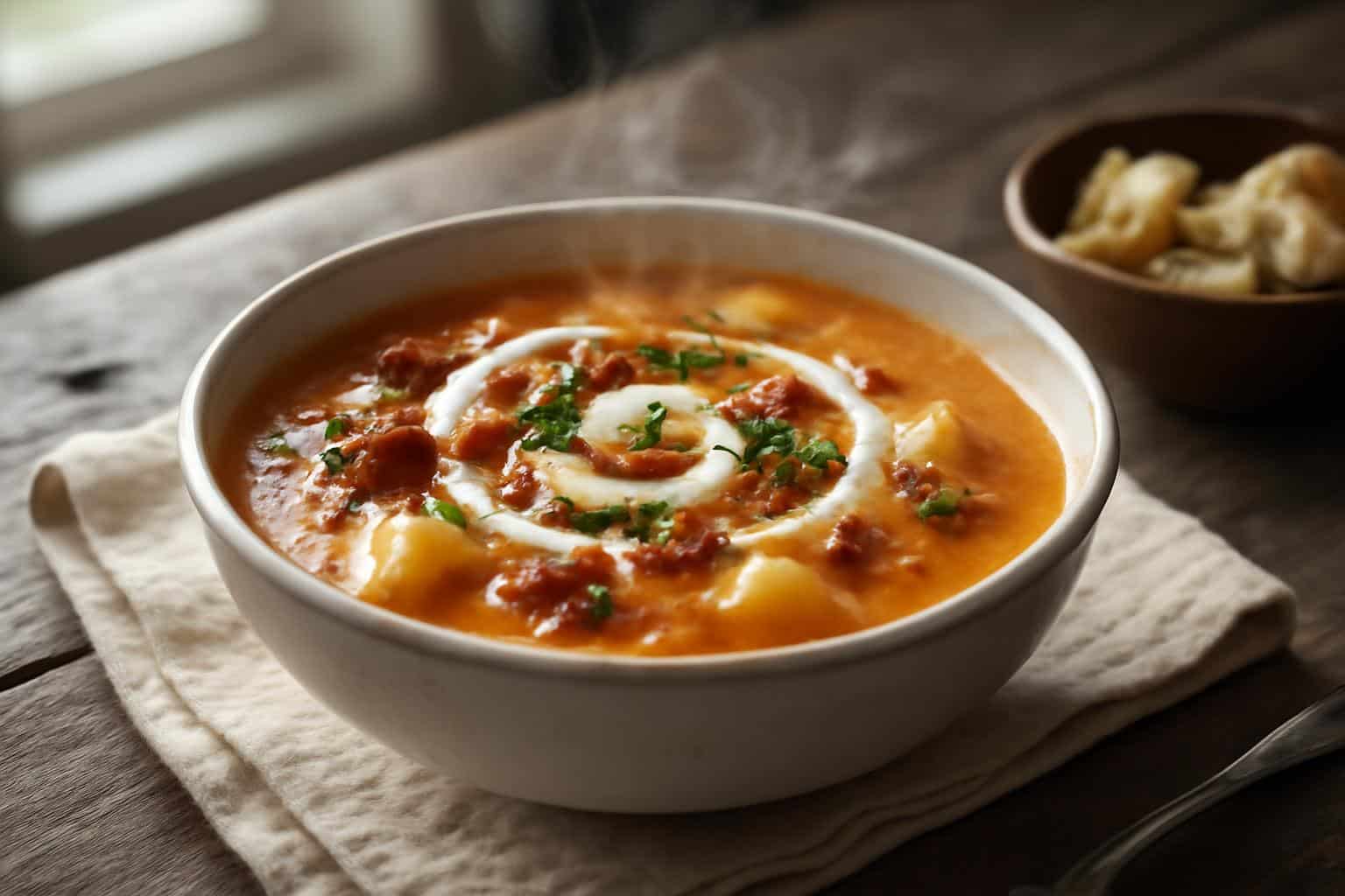 Creamy chorizo potato soup in a bowl garnished with green onions and sour cream