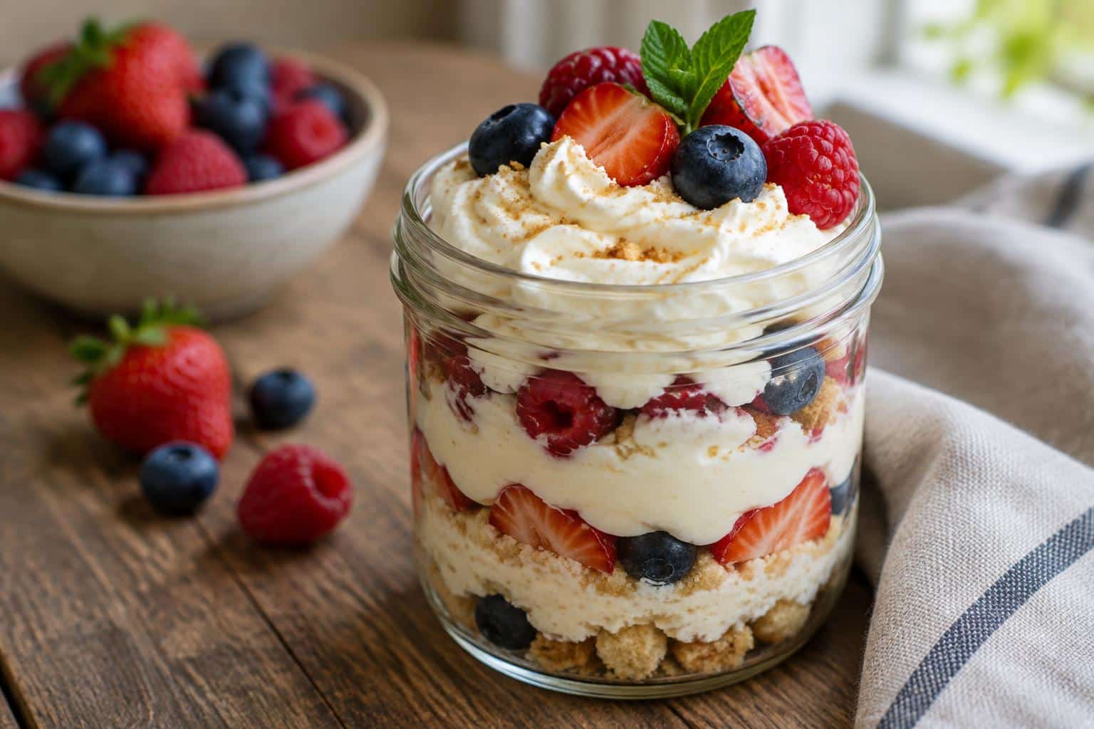 easy creamy dessert in glass jar with whipped cream and fresh berries