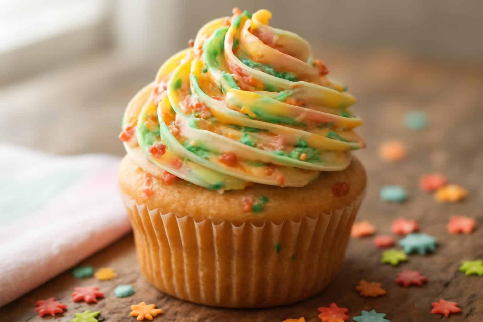 Colorful creamy fruity pebbles frosting swirled on a cupcake with sprinkles