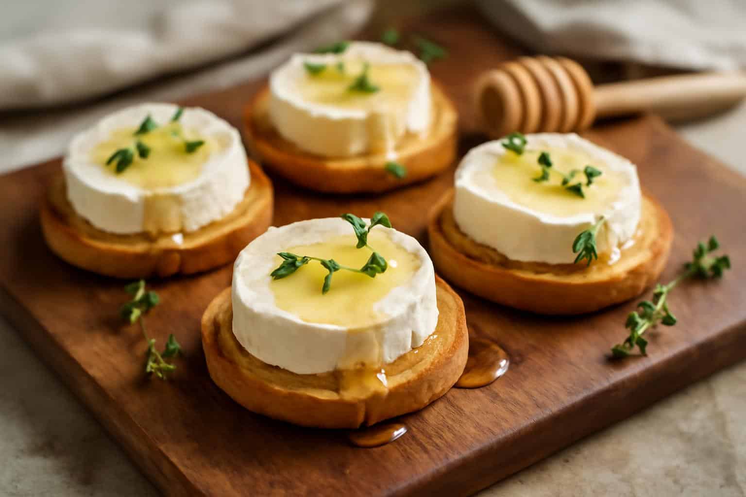 Creamy goat cheese bites drizzled with honey garnished with fresh thyme, a perfect quick appetizer