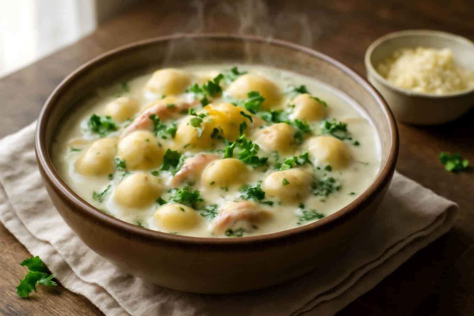 Creamy lemon chicken gnocchi in a bowl garnished with parsley and lemon zest