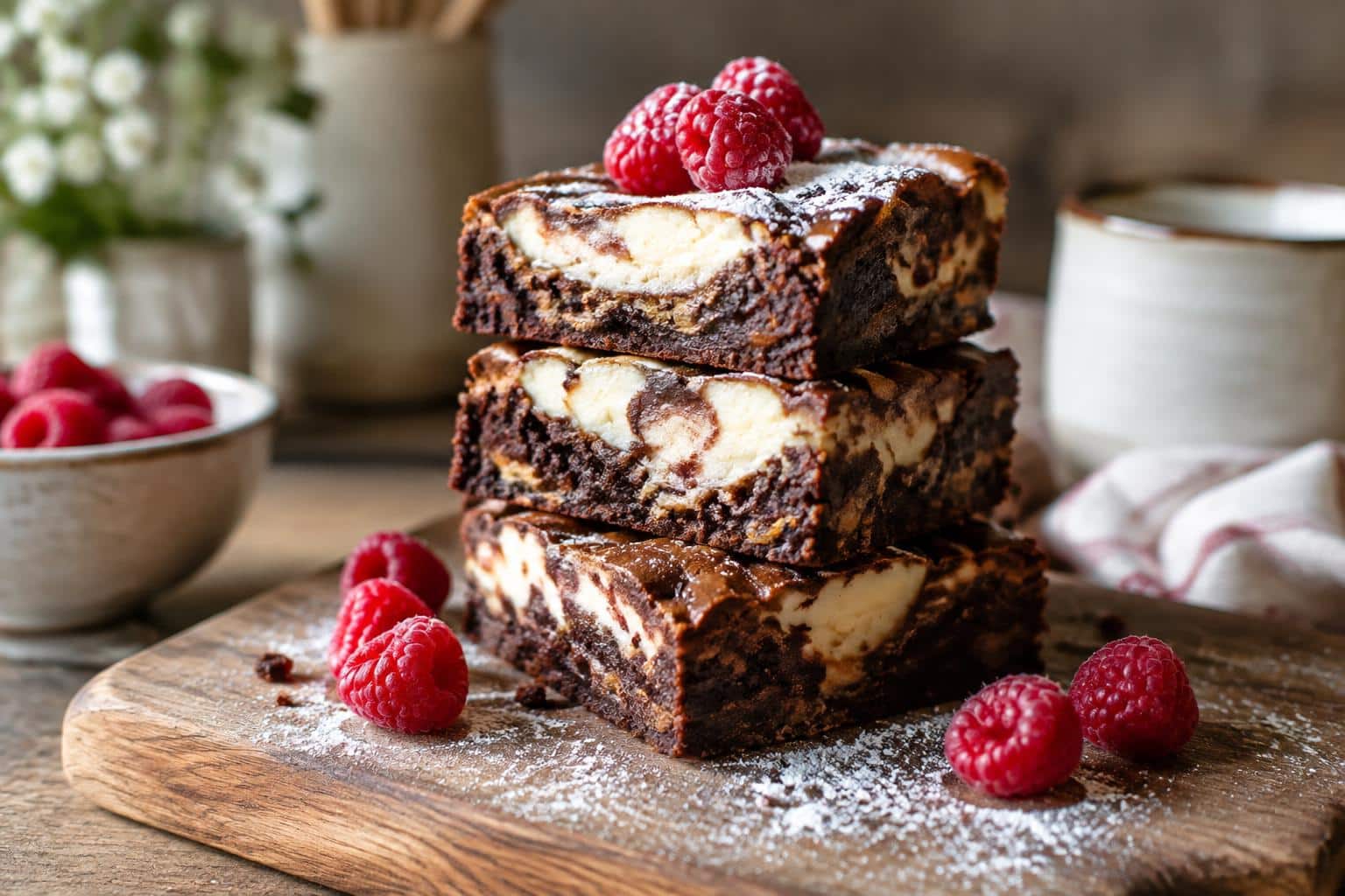 Close-up of creamy mascarpone brownies with chocolate swirls and powdered sugar on top