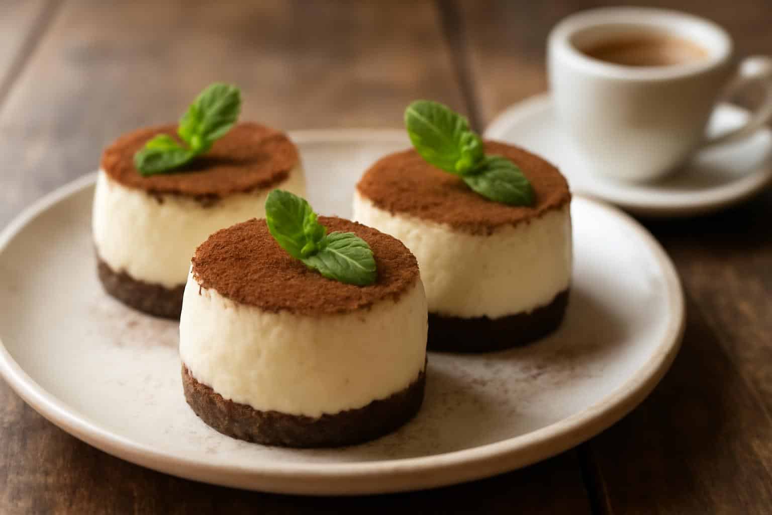 Plate of easy creamy mini tiramisu cheesecakes topped with cocoa powder and mint leaf