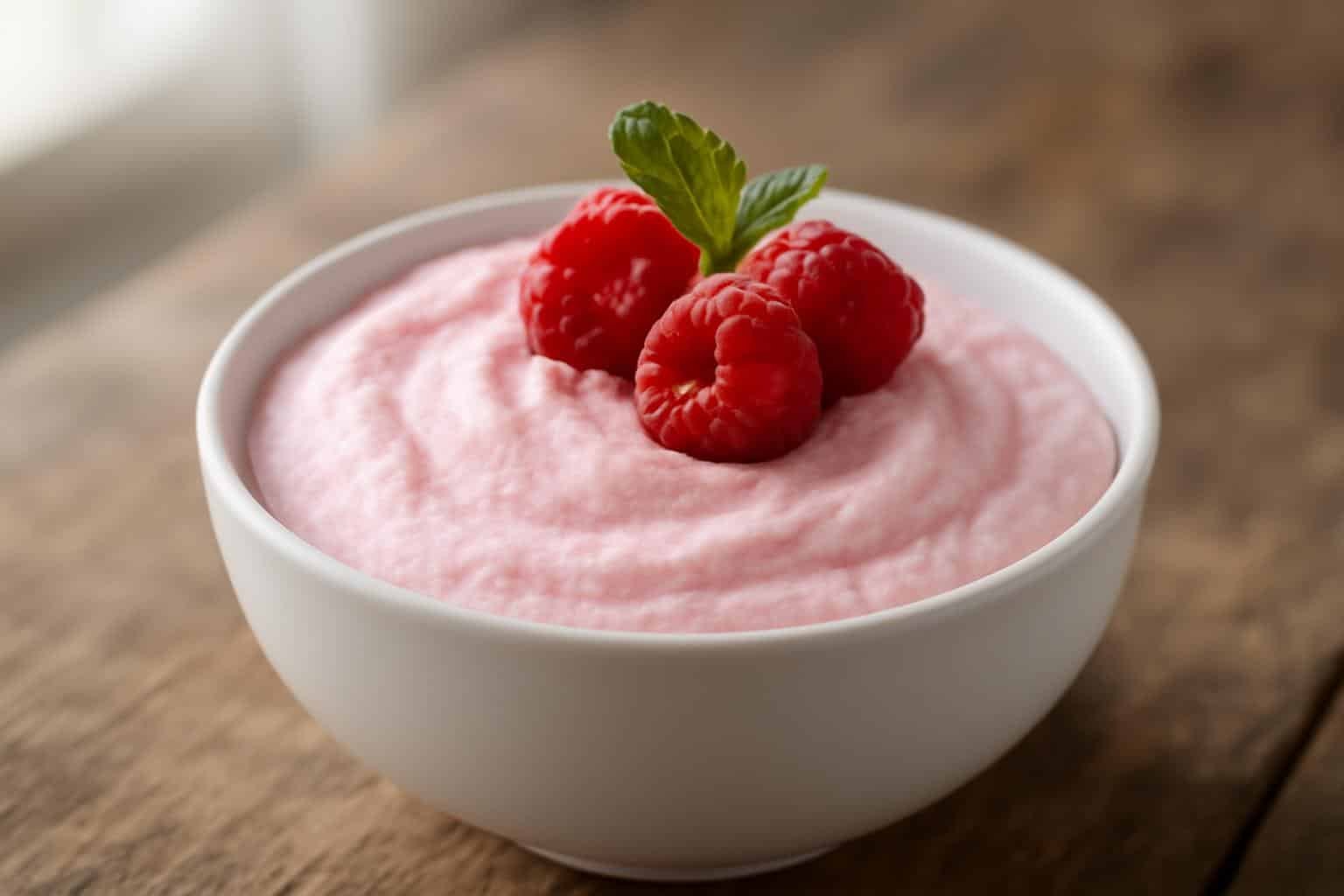 Creamy raspberry cloud mousse dessert topped with fresh raspberries and mint leaves